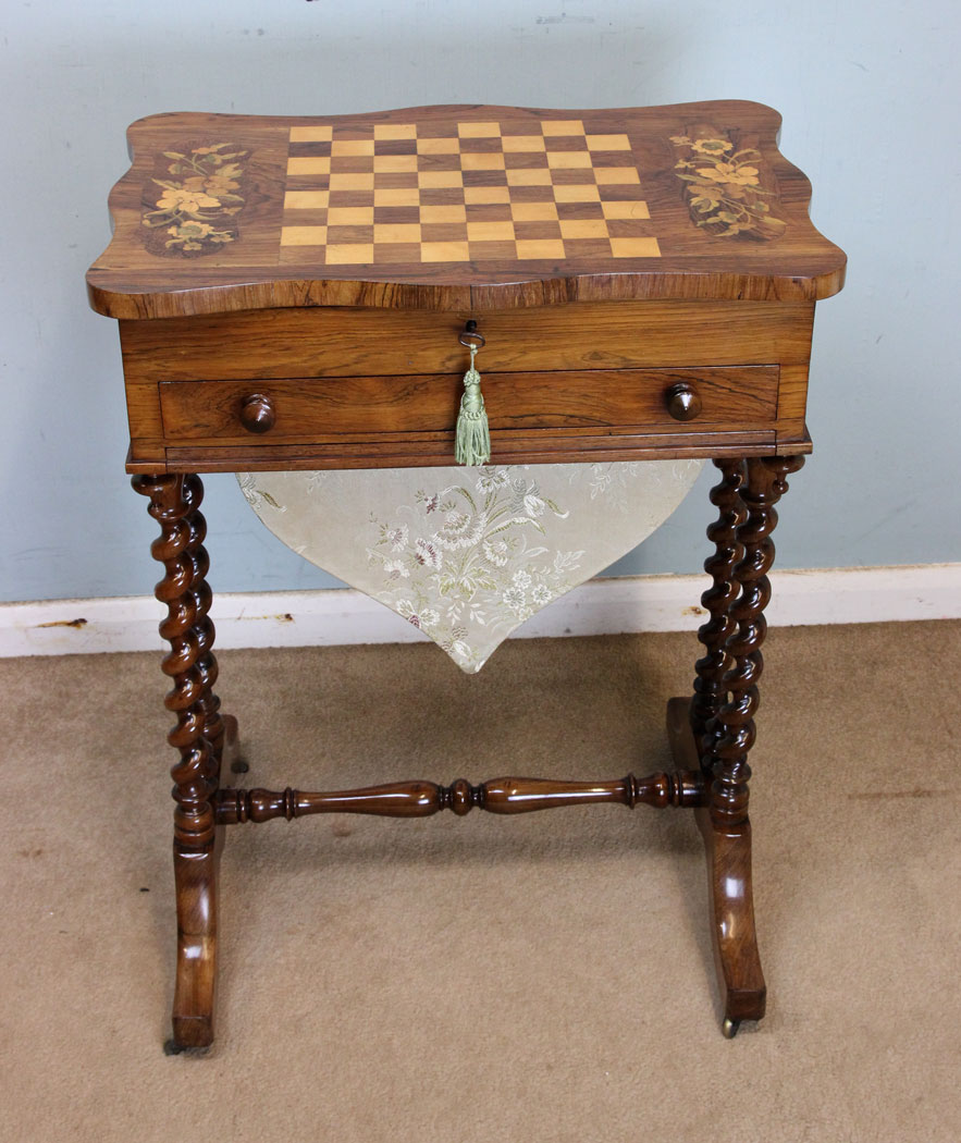 Marquetry Antique Victorian Sewing Table,