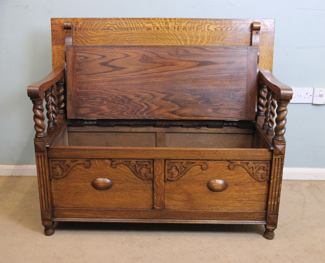 Antique Oak Hall Seat, Pew, Storage,