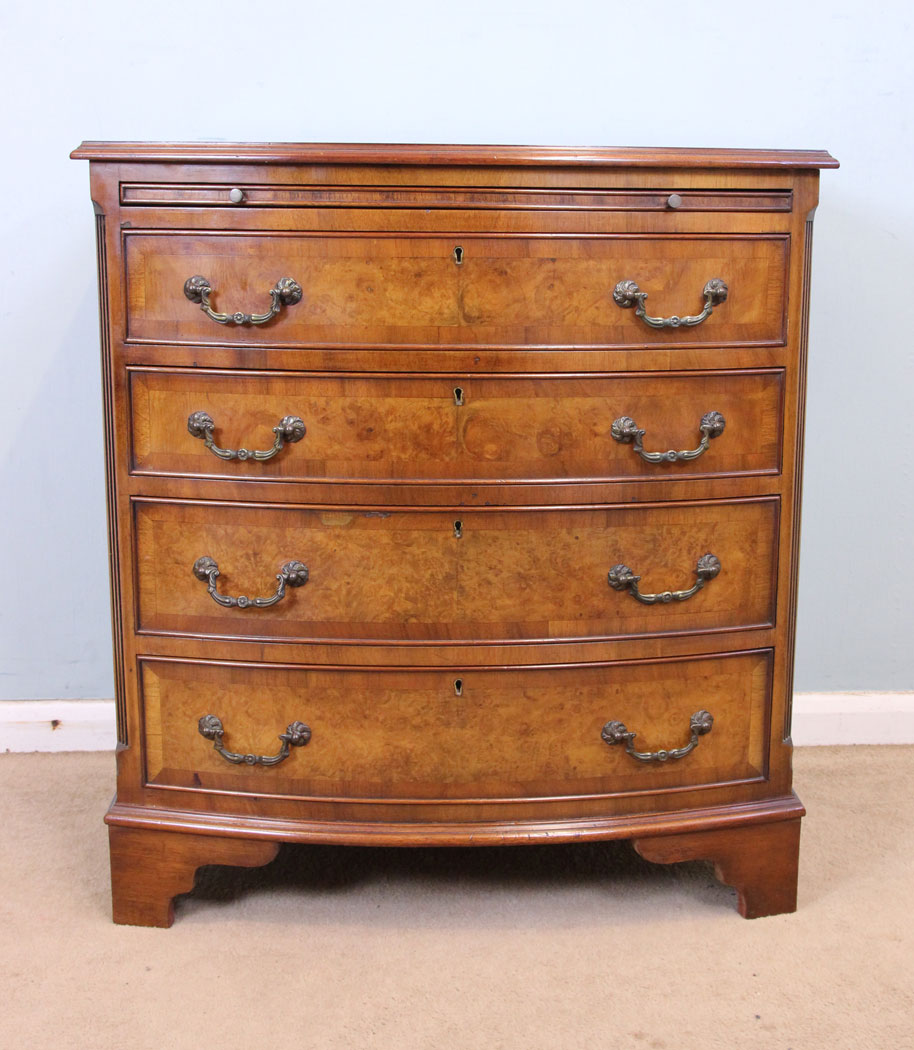 Small Antique Burr Walnut Bow Front Chest of Drawers,