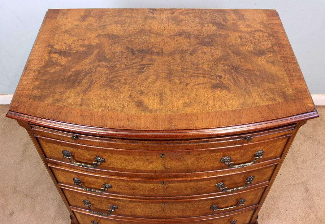 Small Vintage Burr Walnut Bow Front Chest of Drawers,