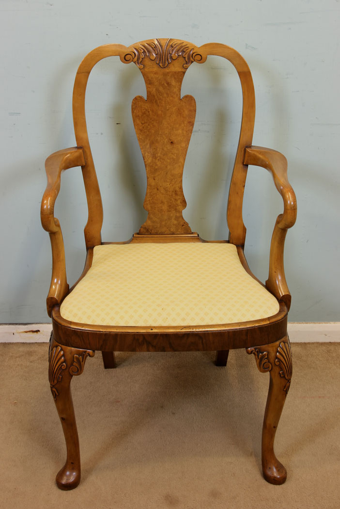 Set Six Burr Walnut Dining Chairs, Carver, Armchair,