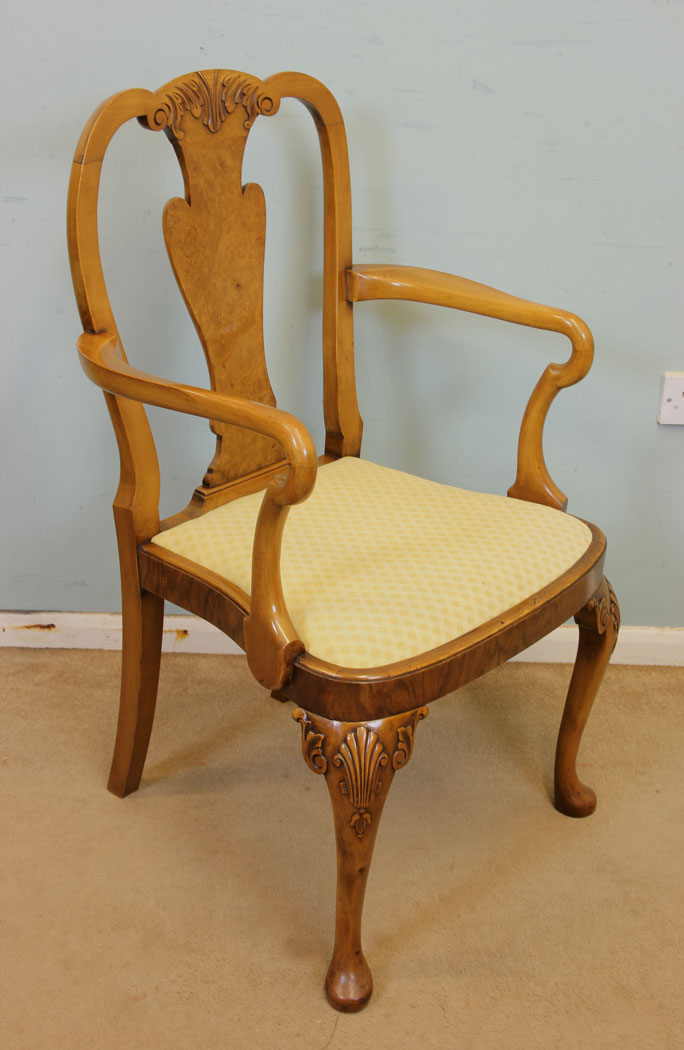 Set Six Burr Walnut Dining Chairs, Pair Carver Armchairs,