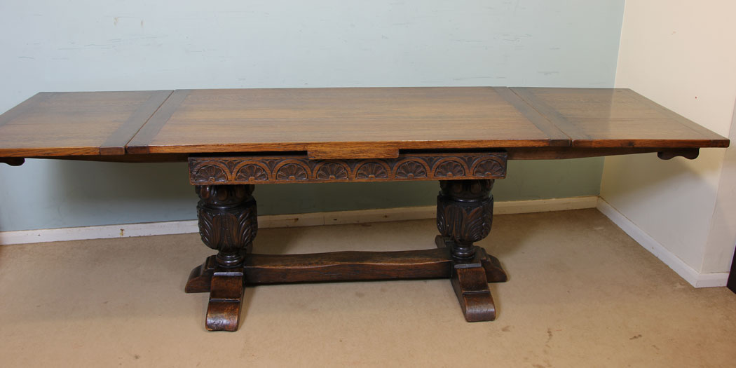 Antique Oak Carved Drawer Leaf Dining Table,