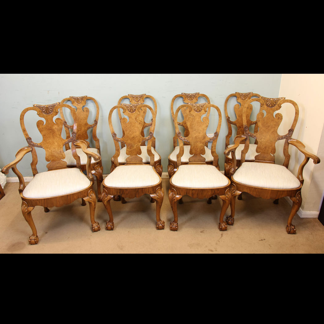 Antique Set Eight Queen Anne Style Burr Walnut Dining Chairs, The Antique Shop,