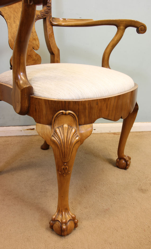 Antique Set Eight Walnut Dining Chairs, Carved Shell,