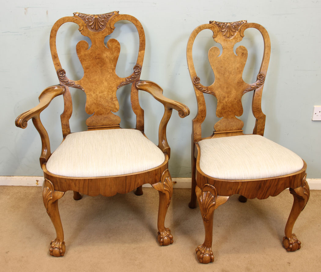Antique Set Eight Walnut Dining Chairs, Six Plus Two Carvers,