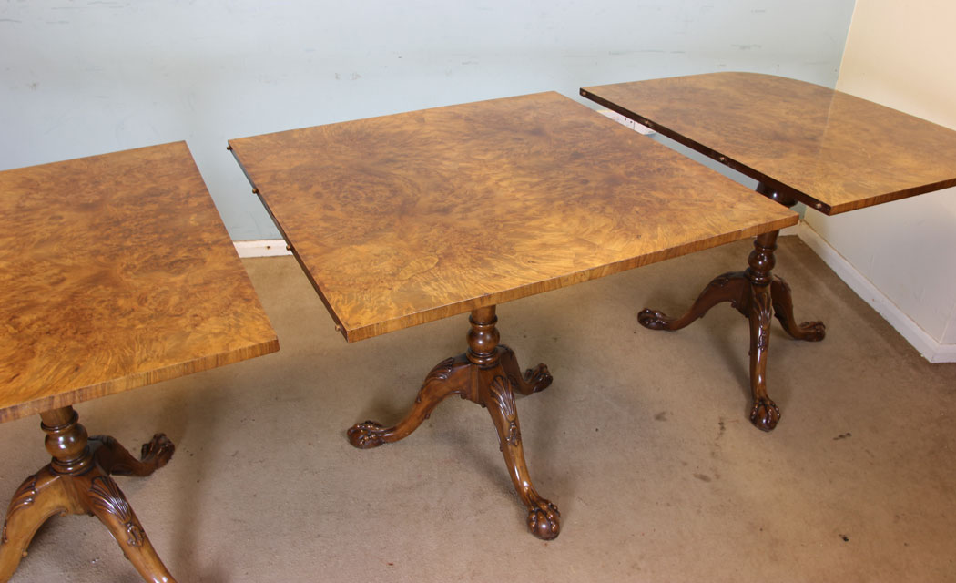 Antique 3 Piller Regency Style Burr Walnut Dining Table, Antique Burr Walnut Pedestal Dining Table,