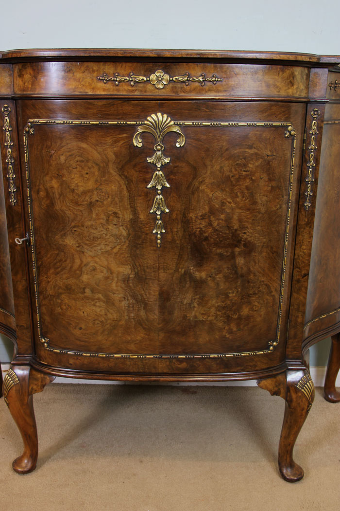 Antique Bow Front Burr Walnut Side Cabinet,