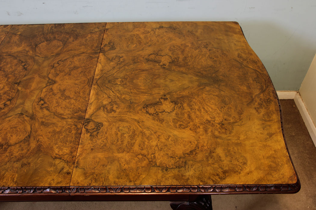 Burr Walnut Extending Dining Table. Antique Queen Anne Style.