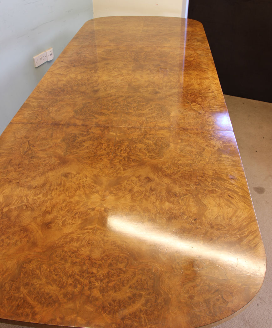 Large Antique Queen Anne Style Burr Walnut Dining Table, Antique Burr Walnut Pedestal Dining Table,