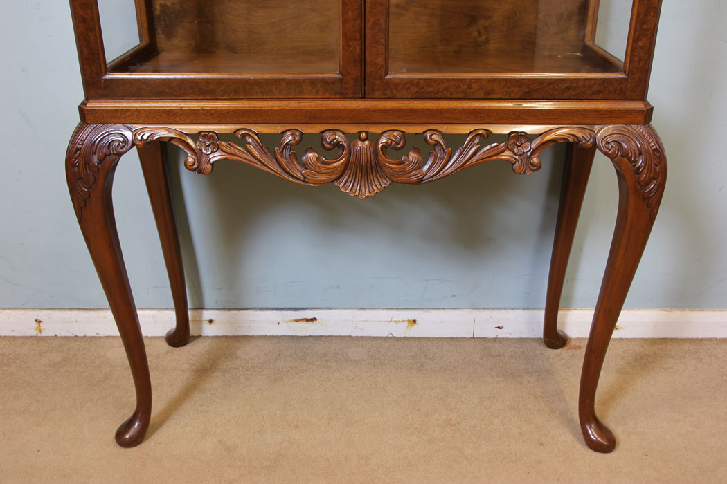 Queen Anne Style Buirr Walnut China Display Cabinet,