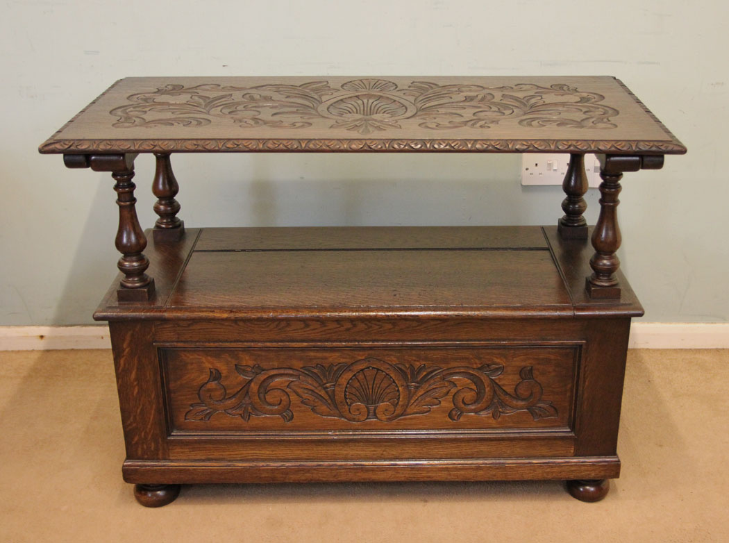 Antique Carved Oak Monks Bench.