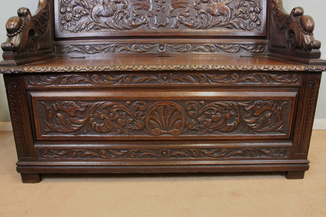 Antique Carved Oak Settle, Bench, Hall Chair,