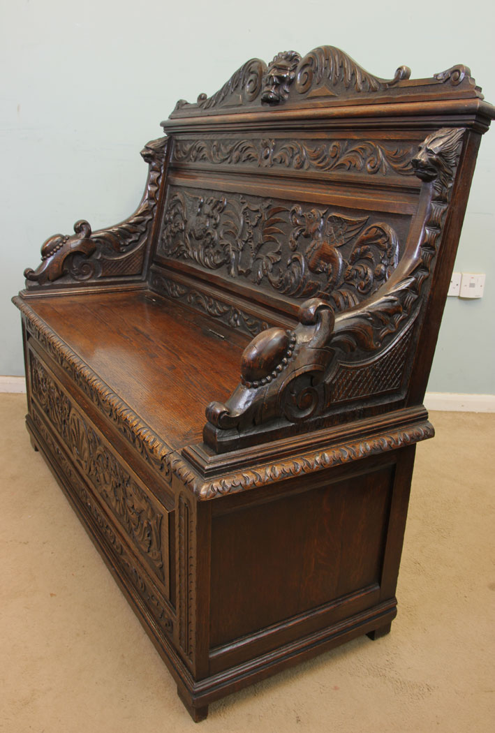 Antique Carved Oak Settle, Monks Bench,