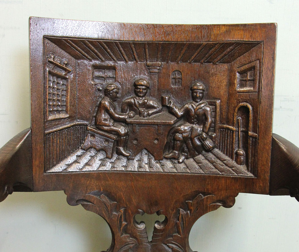 Antique Carved Oak Tavern Scene Chair,
