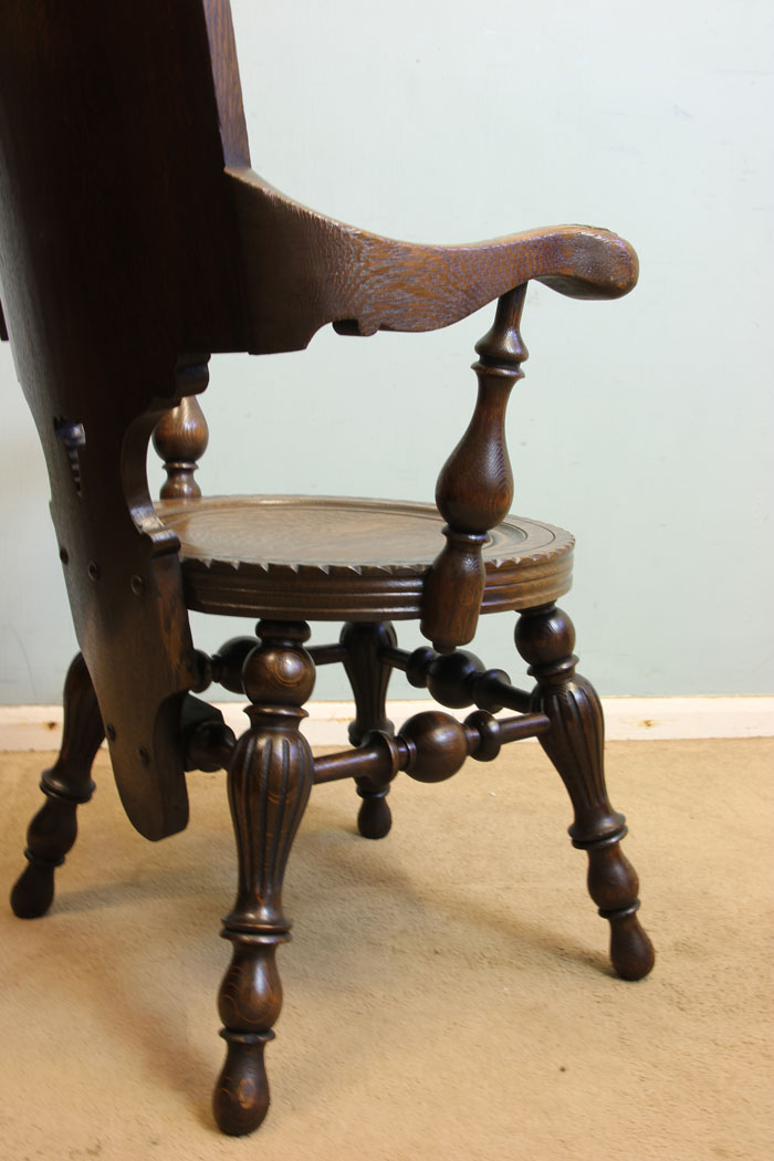 Antique Geo Flint Co Carved Oak Tavern Scene Chair,