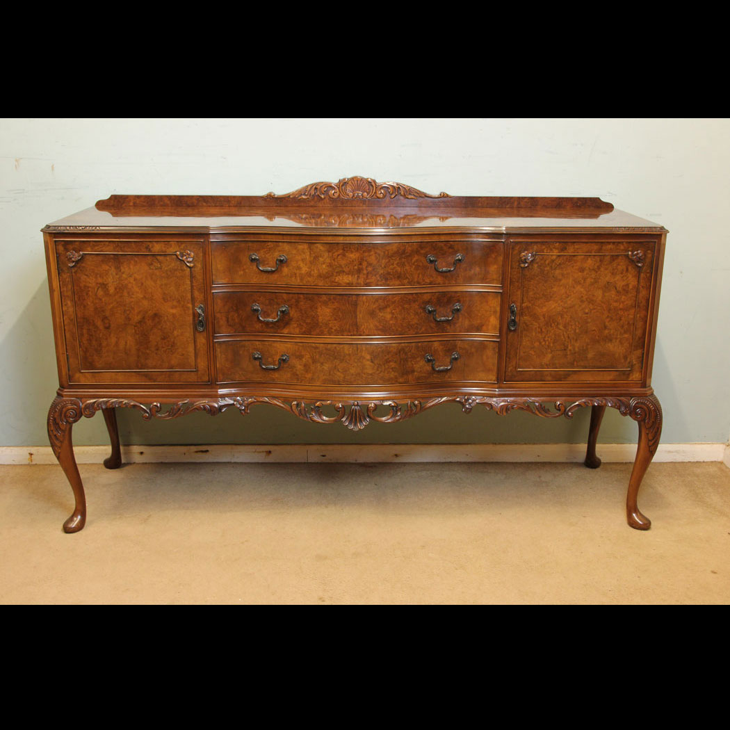 Burr Walnut Sideboard, Antique Burr Walnut Queen Anne Style Sideboard