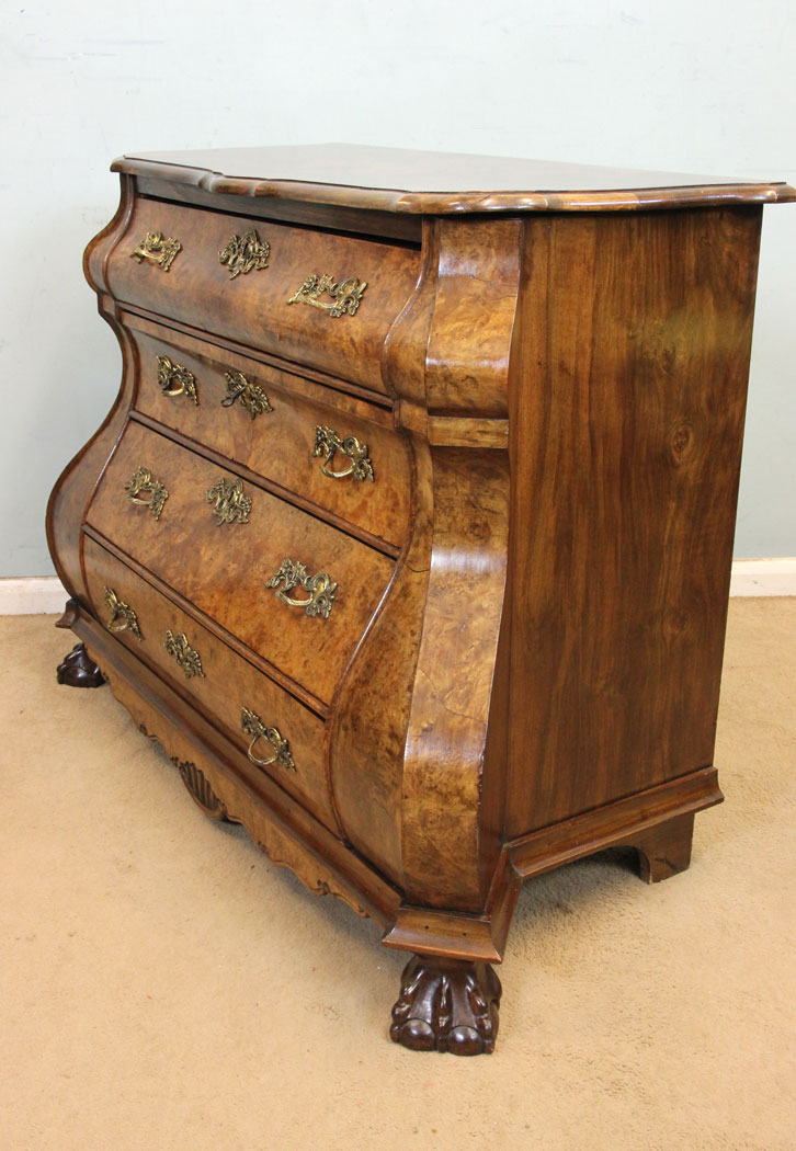 Antique Bombe Burr Walnut Chest of Drawers,