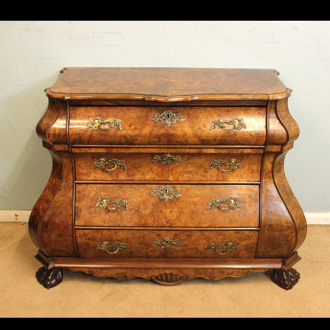 Antique Burr Walnut Chest of Drawers, Antique Dutch Bombe Chest of Drawers