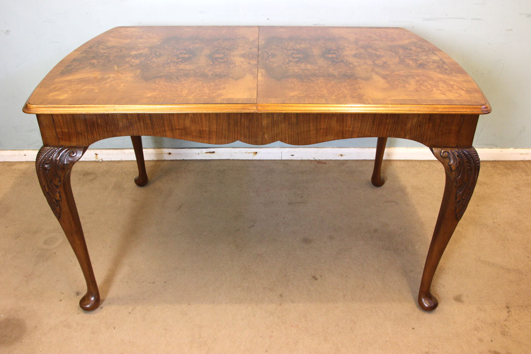 Antique Burr Walnut Draw Leaf Dining Table,