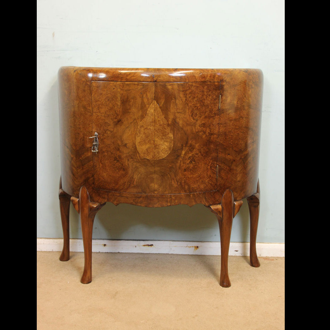 Antique Side Cabinet, Antique Demi Lune Burr Walnut Side Cabinet