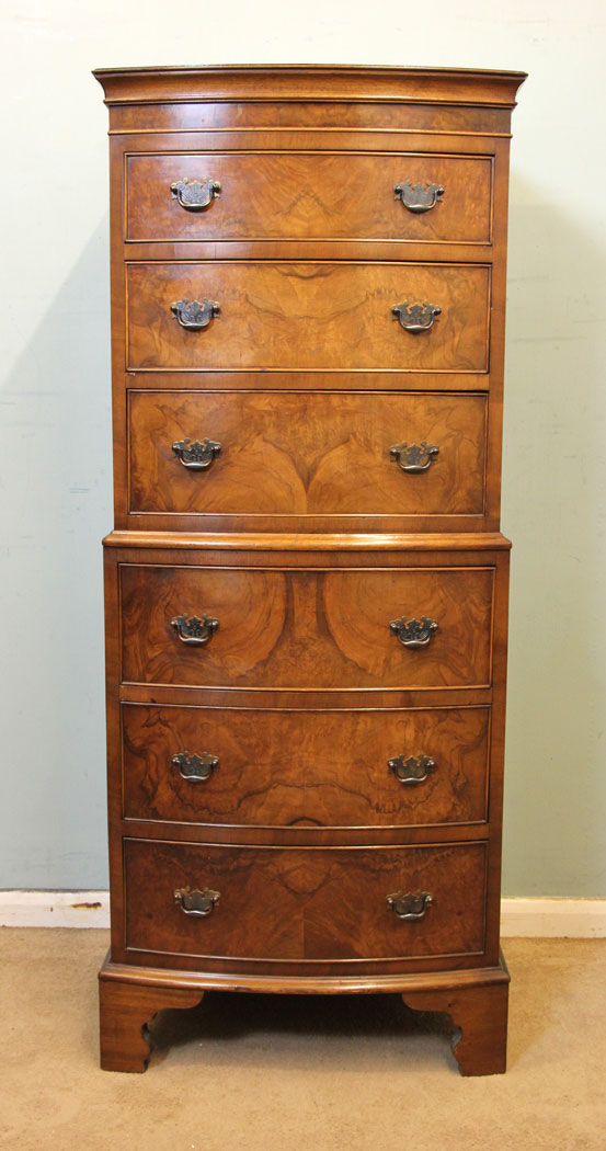 Bow Front Figured Walnut Chest on Chest,