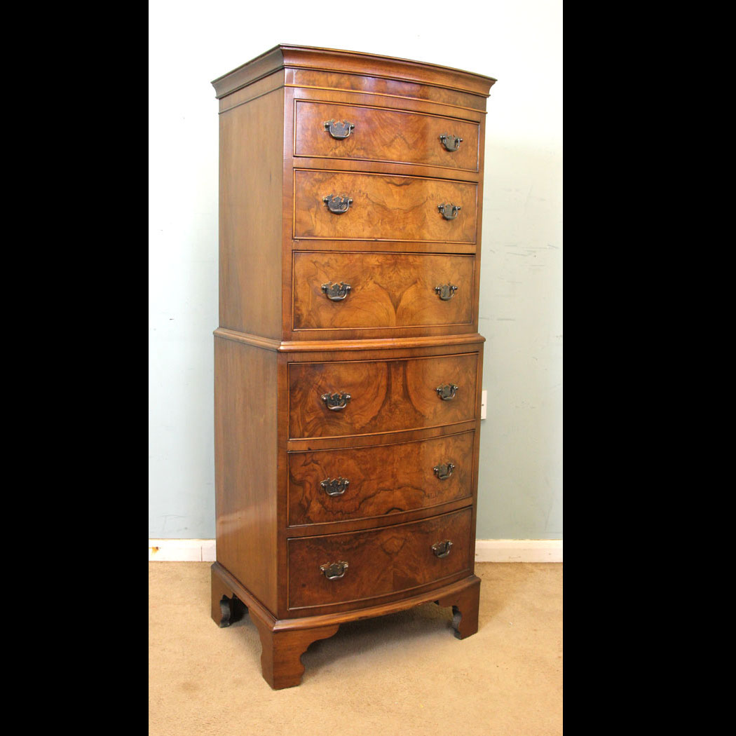 Bow Front Walnut Chest on Chest, Antique Bow Fronted Figured Walnut Chest on Chest.