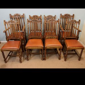 Set Eight Barley Twist Antique Oak Dining Chairs.
