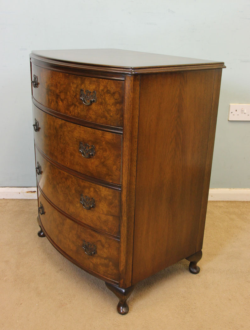 Vintage Bow Front Burr Walnut Chest Drawers,