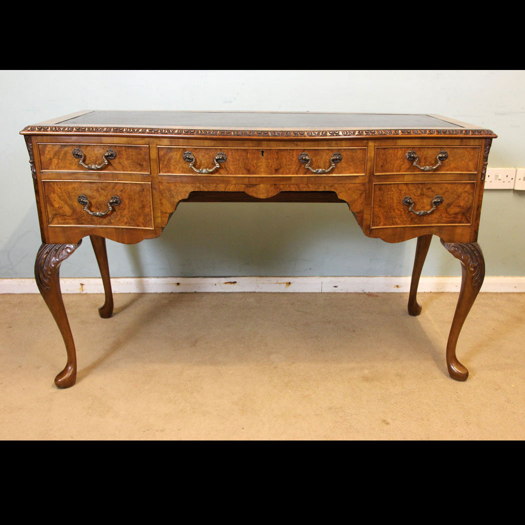Antique Burr Walnut Writing Desk, Burr Walnut Serpentine Shaped Writing Desk