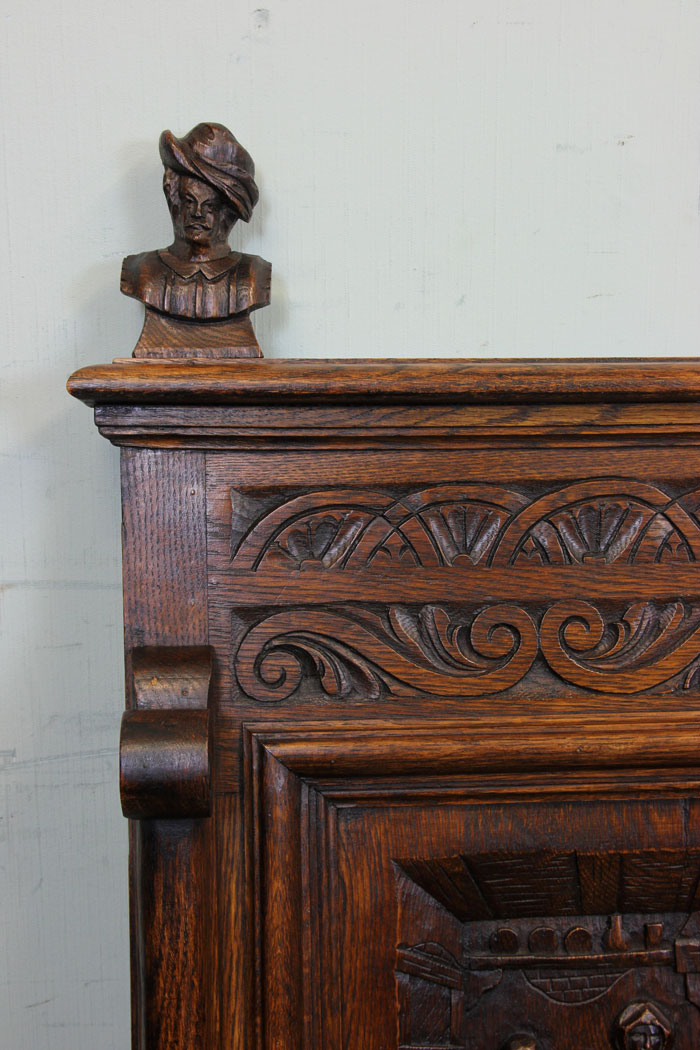 Antique Carved Oak Settle Bench.