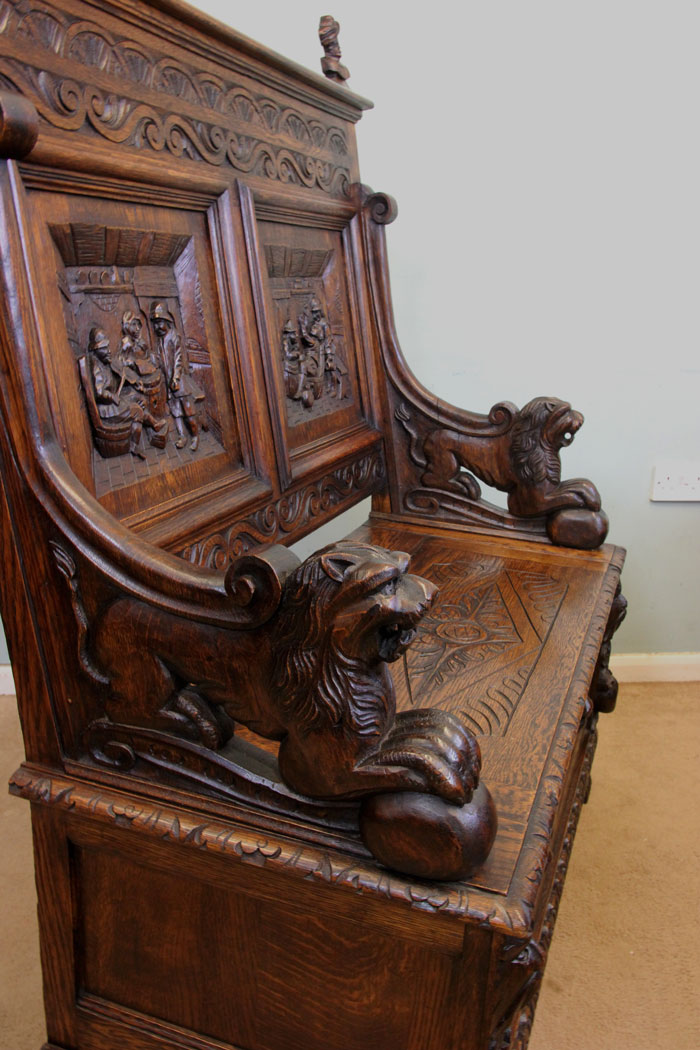 Antique Carved Oak Settle.