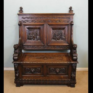Antique Victorian Oak Settle Monks Bench Hall Seat,