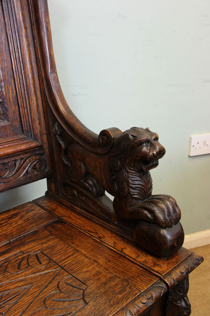 Antique Oak Settle. Green Man,