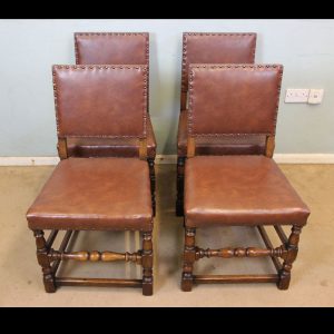 Antique Set of Four Oak Padded Back Country Dining Chairs