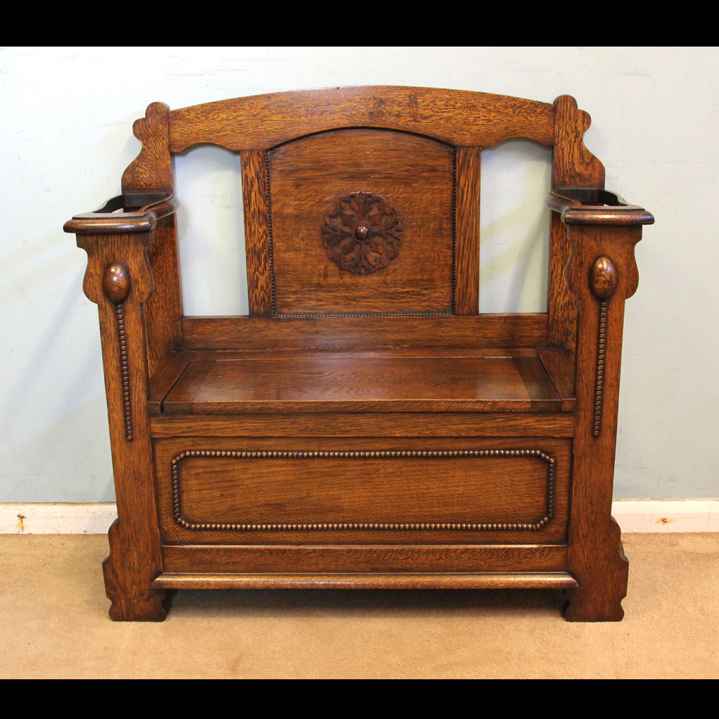 10966r01 Antique Hall Seat, Antique Small Oak Hallstand / Bench