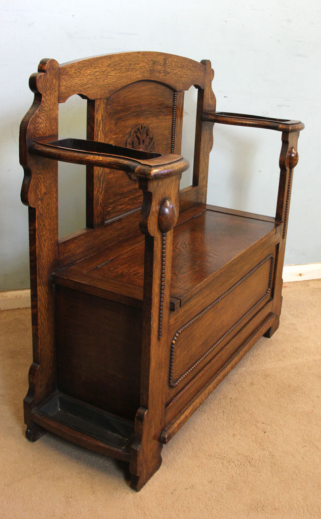 10966r6 Antique Hall Seat, Stick Stand, Antique Small Oak Hallstand / Bench