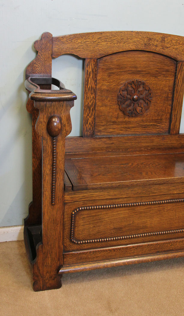 10966r7 Antique Hall Seat, Stick Stand, Antique Small Oak Hallstand / Bench