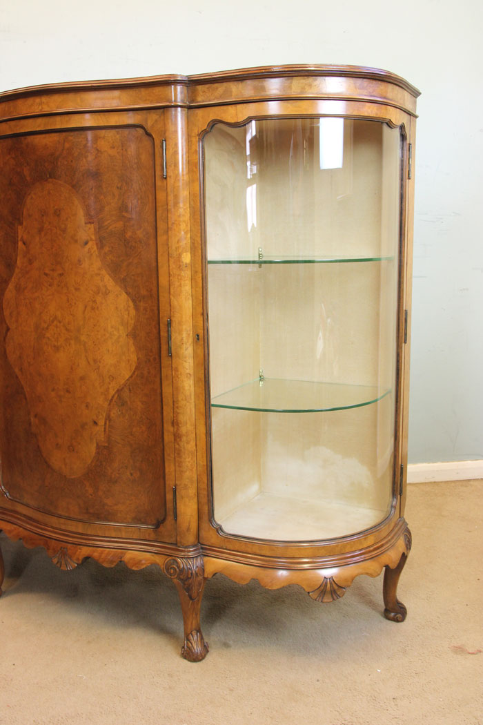 10973r11 Burr Walnut Antique Bow End Credenza, Antique Burr Walnut Credenza
