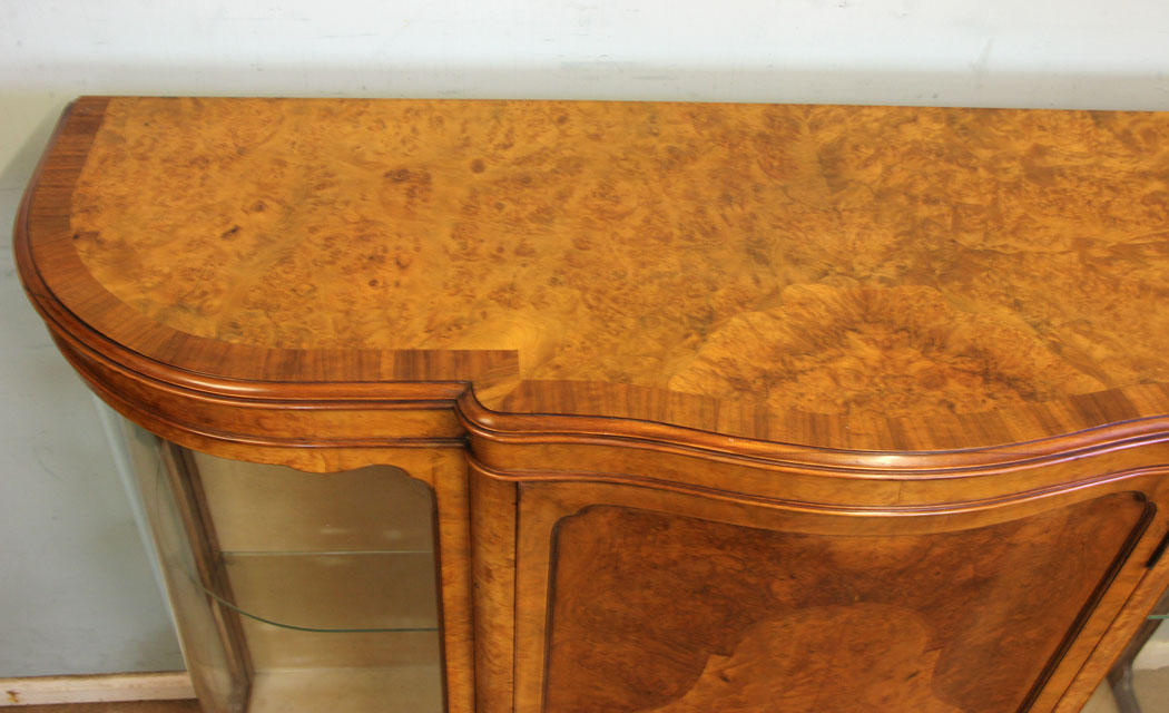 10973r8 Burr Walnut Antique Credenza, Antique Burr Walnut Credenza