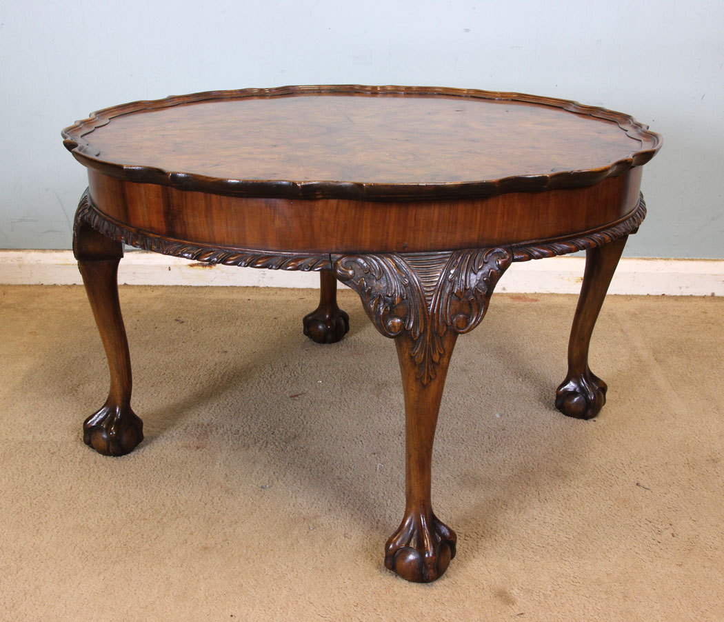 10977r5 Antique Burr Walnut Ball Claw Coffee Table, Queen Anne Style Burr Walnut Coffee Table