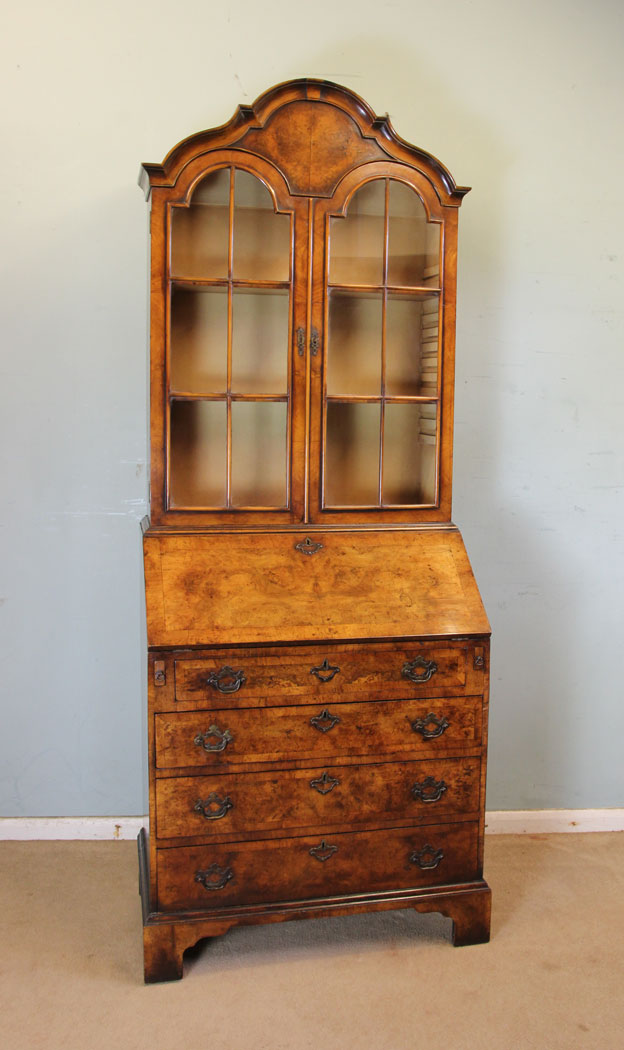 10979r1 Antique Burr Walnut Bureau Bookcase, Antique Burr Walnut Bureau Bookcase