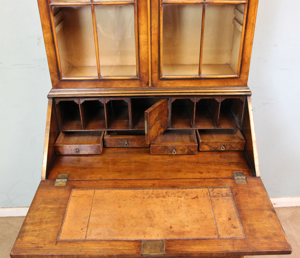 10979r10 Antique Walnut Writing Desk, Antique Burr Walnut Bureau Bookcase