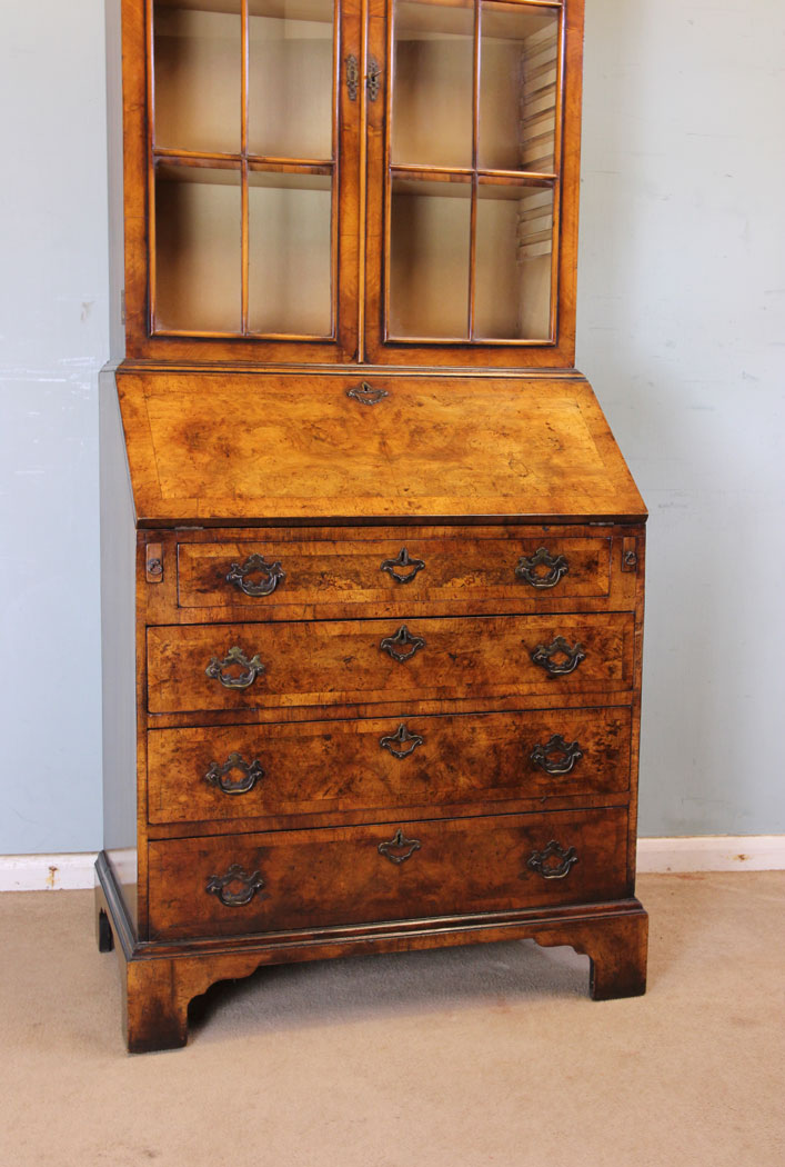 10979r14 Antique Burr Walnut Bureau Bookcase, Antique Burr Walnut Bureau Bookcase