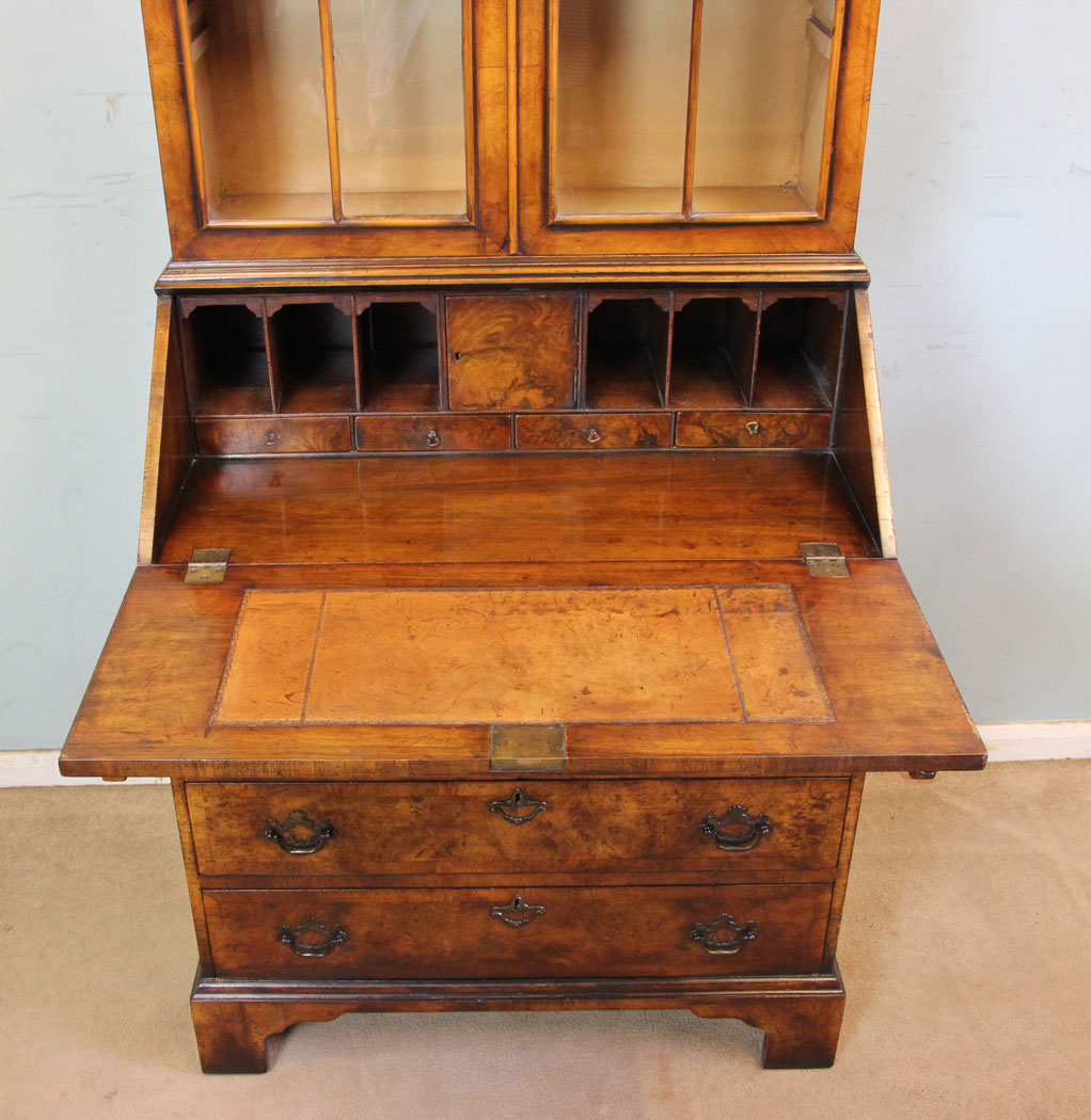 10979r3 Antique Walnut Bureau Bookcase, Antique Burr Walnut Bureau Bookcase