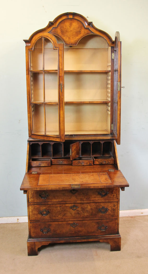 10979r5 Burr Walnut Bureau Bookcase, Antique Burr Walnut Bureau Bookcase