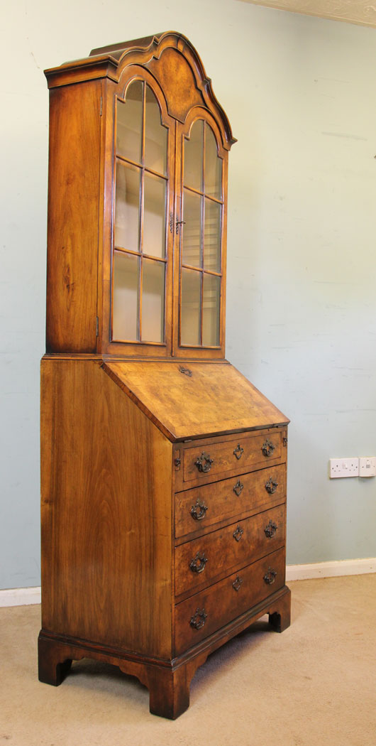 10979r7 Antique Burr Walnut Writing Desk, Antique Burr Walnut Bureau Bookcase