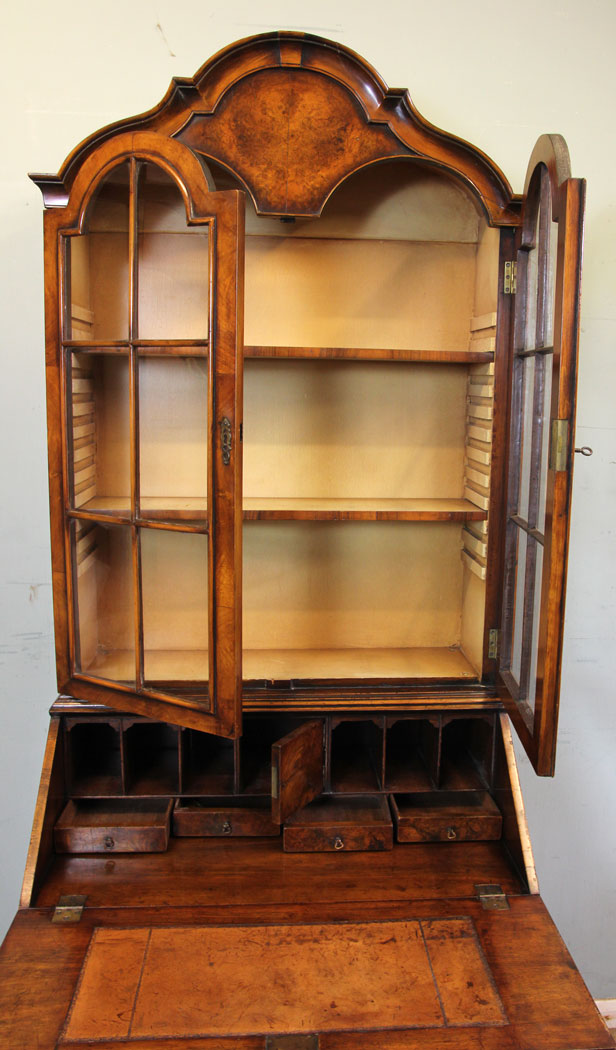 10979r9 Antique Bureau Bookcase, Cabinet, Antique Burr Walnut Bureau Bookcase