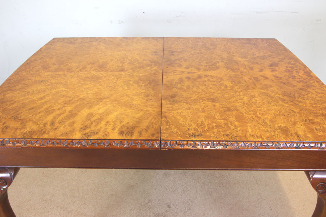 10980r12 Burr Walnut Dining Table, The Antique Shop, Queen Anne Style Burr Walnut Dining Table