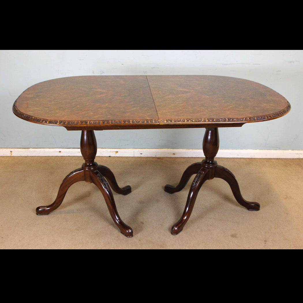 10982r01 Burr Walnut Dining Table, Burr Walnut Twin Pedestal Dining Table.